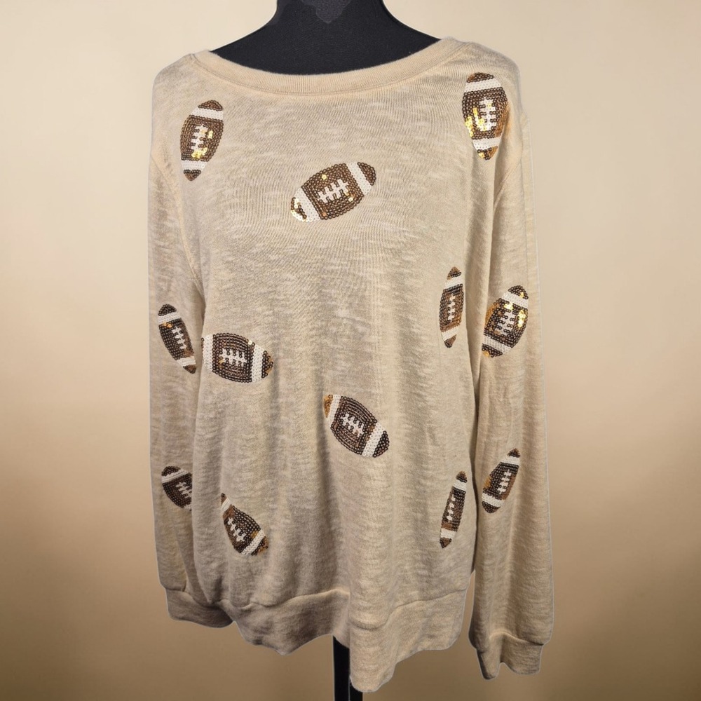 Tru Self Sequin‎ Football Sweatshirt Womens Lg Cream Long Sleeve Casual Cozy Top